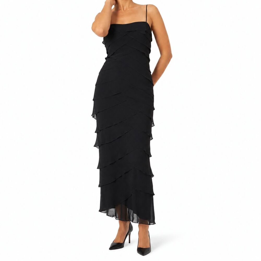 Tadashi Shoji US 14 Black Silk Chiffon Tiered Ruffle Formal Maxi Gown Vintage